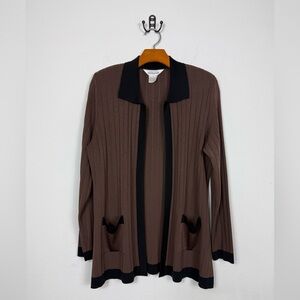 Exclusively Misook Brown Black Ribbed Open Front Cardigan Sweater Sz Large